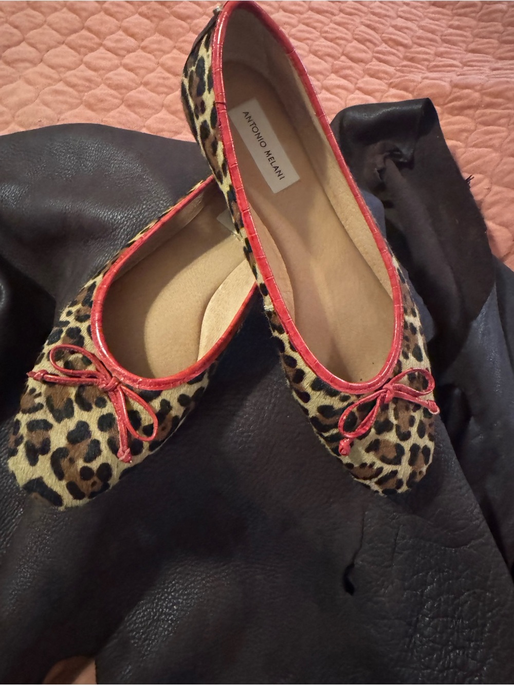 ANTONIO MELANI Leopard Pattern Ballet Flats with Red Trim